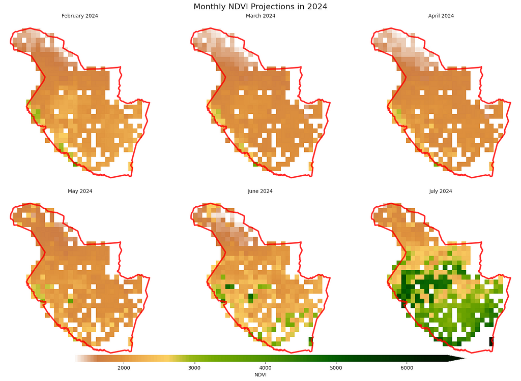 A series of six maps showing NDVI forecasts between Feb-July 2024