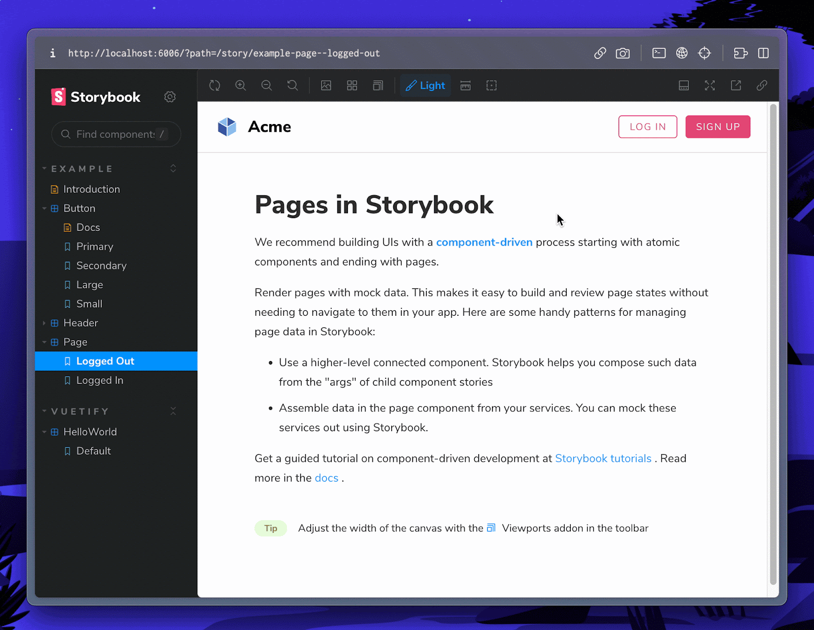 A finished example of Vuetify working in Storybook with a theme switcher