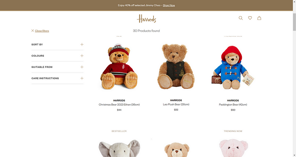 screenshot of Harrods website stuffed animal collection