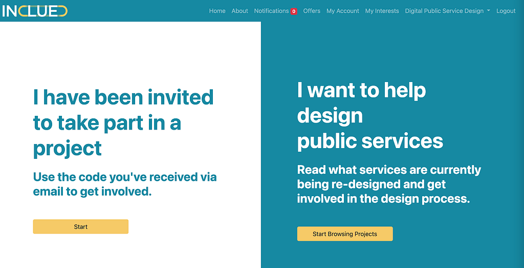 A user interface split in two with options and start buttons beneath the options: Options 1 is ‘I have been invited to take part in a project’, and Options 2 is ‘I want to help design public services’.
