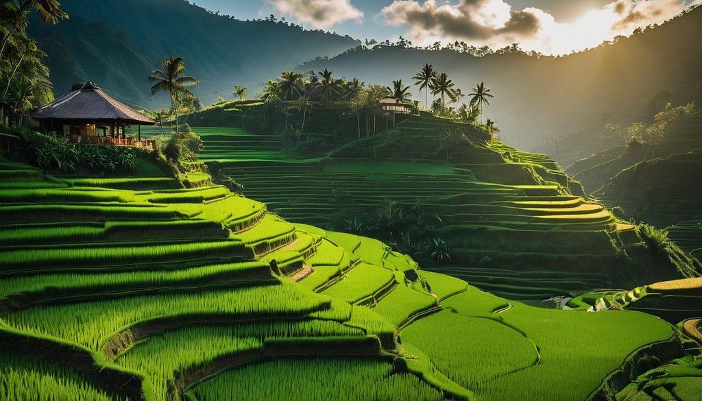 Verdant, green rice terraces cascade down the sides of a ravine in Bali, Indonesia