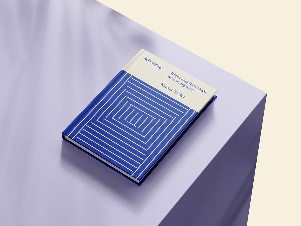 An image of the ‘Refactoring’ book design closed and showing the cover, with a lilac background.