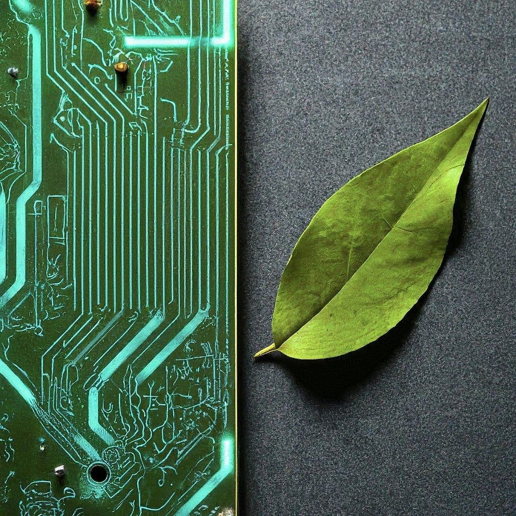 The image shows a green circuit board next to a single leaf. This represents the integration of digital technologies in supply chains and their role in reducing Scope 3 emissions. The leaf symbolizes sustainability, while the circuit board represents digitalization, both key themes in the article.