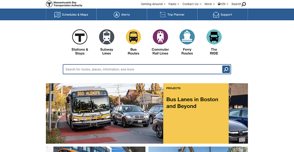 MTBA Homepage. At top — circled drawings of the letter T, subway, bus, train, boat. Below is an image of a bus in traffic.