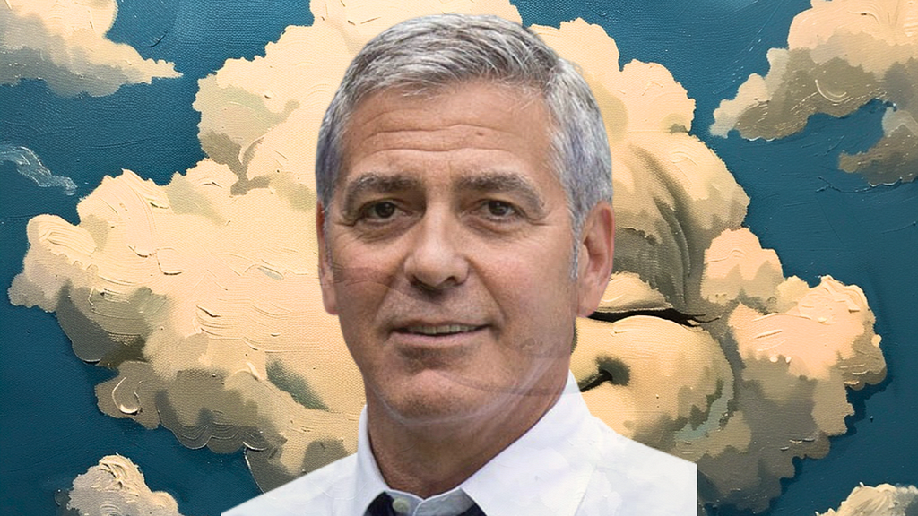 George Clooney’s face in front of a cloud smile. The Cloud is meant to depict smug and George Clooney is transparent. Photo via Wiki.
