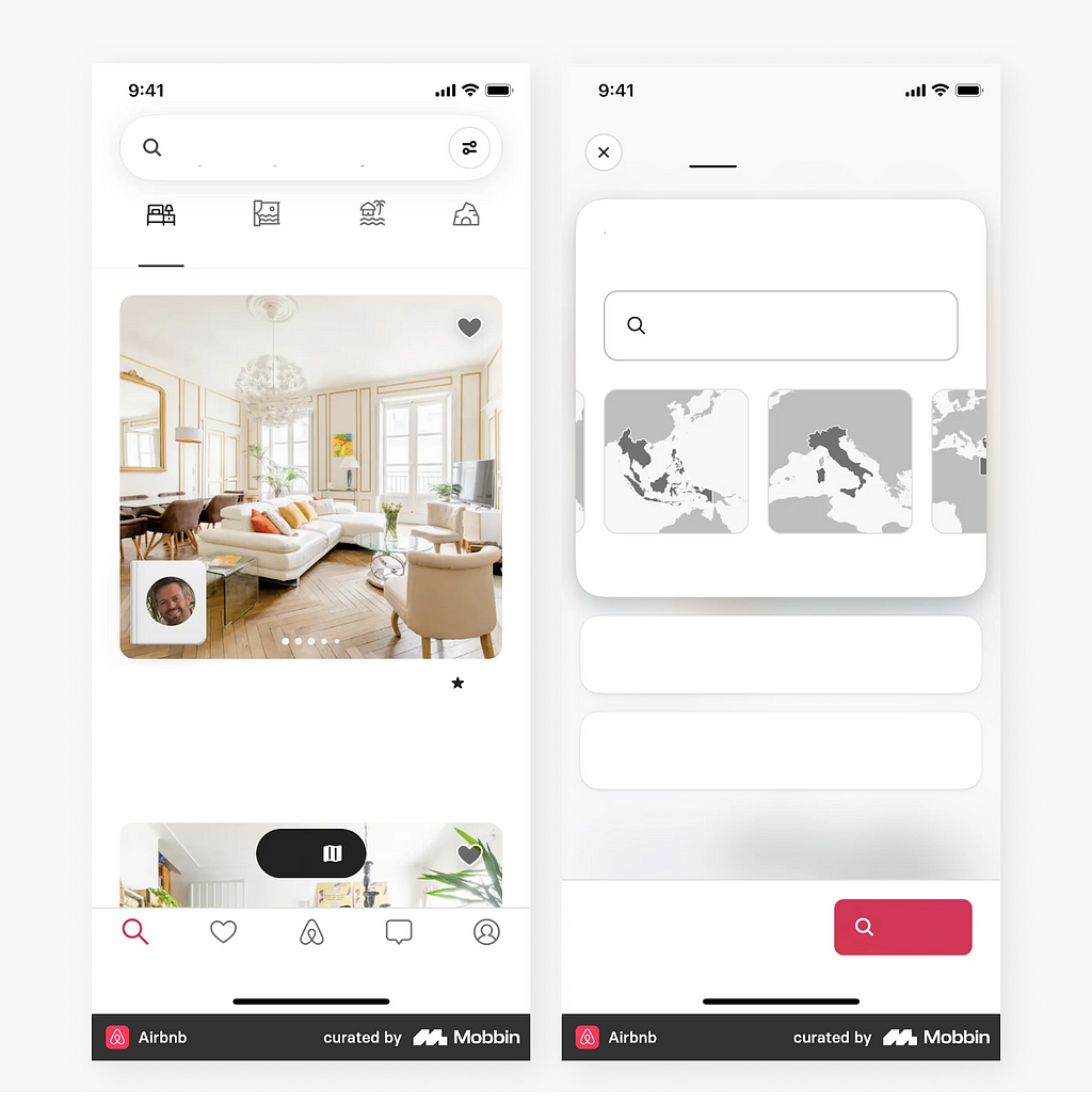 Edited screenshots of two screens from the Airbnb mobile app. The screens contain only images, shapes, and icons, with no written content.
