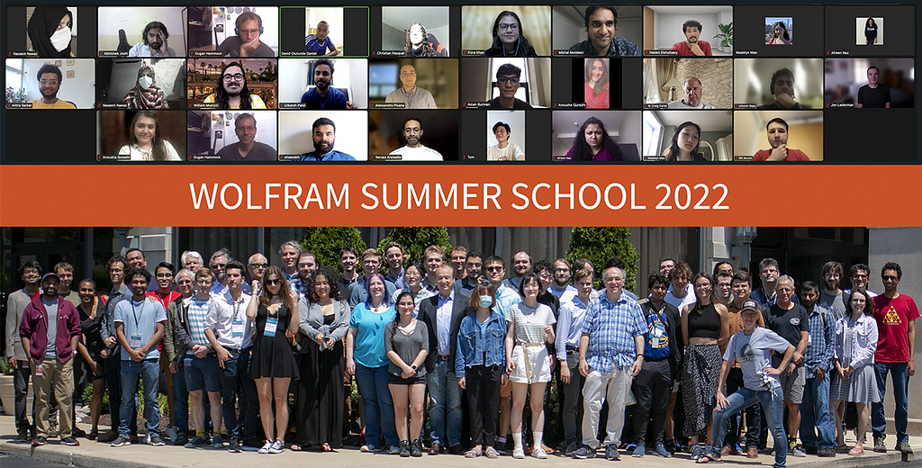 A split screen of Zoom windows showing various students above an orange banner reading “Wolfram Summer School 2022.” Below is photo, taken from the front, showing standing attendees gathered together.