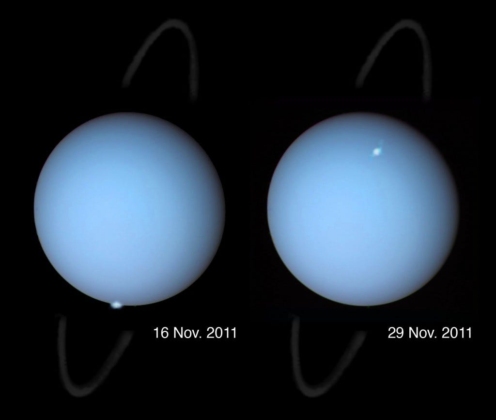 Un confronto tra due immagini dell’aurora su Urano che i ricercatori hanno catturato grazie al Telescopio spaziale Hubble nel novembre 2011. Crediti: Laurent Lamy/HST/NASA.