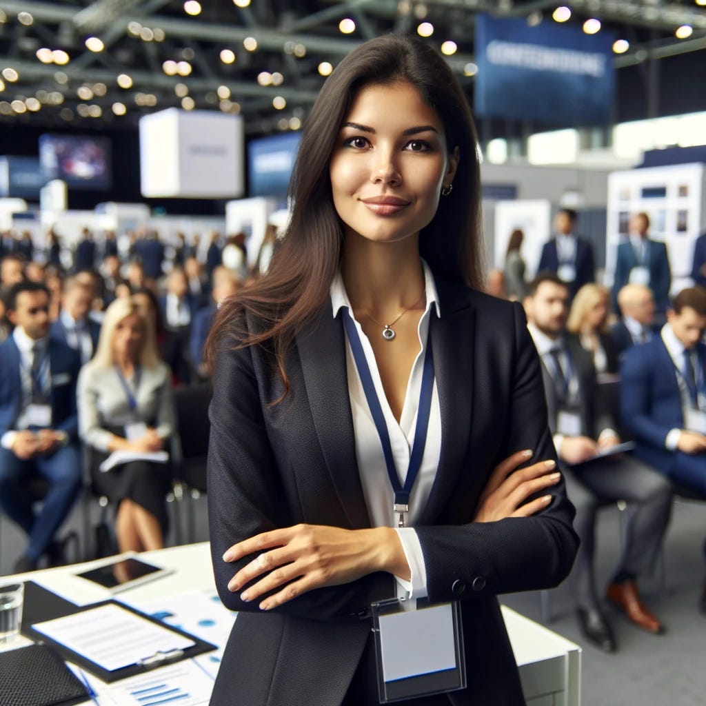 AI generated image of a business woman at a business conference.