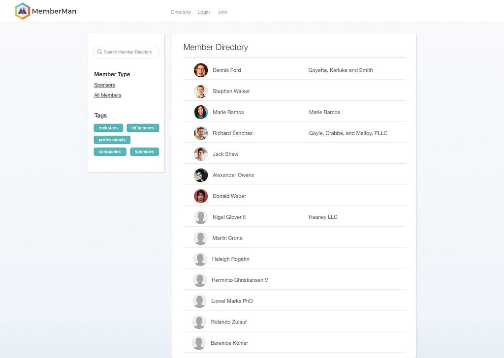 Screenshot of Member Directory page in MemberMan
