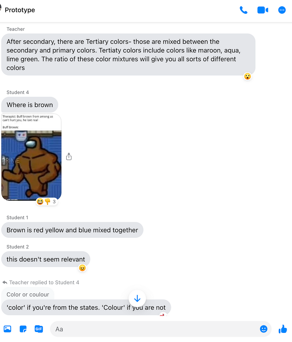 Two screenshots of a group message titled “Prototype” on Facebook messenger. Students 1, 2, and 4 and the Teacher chat about color theory, with Student 4 providing images from popular culture such as Spongebob miming a rainbow and the “Buff Brown” Among Us character.