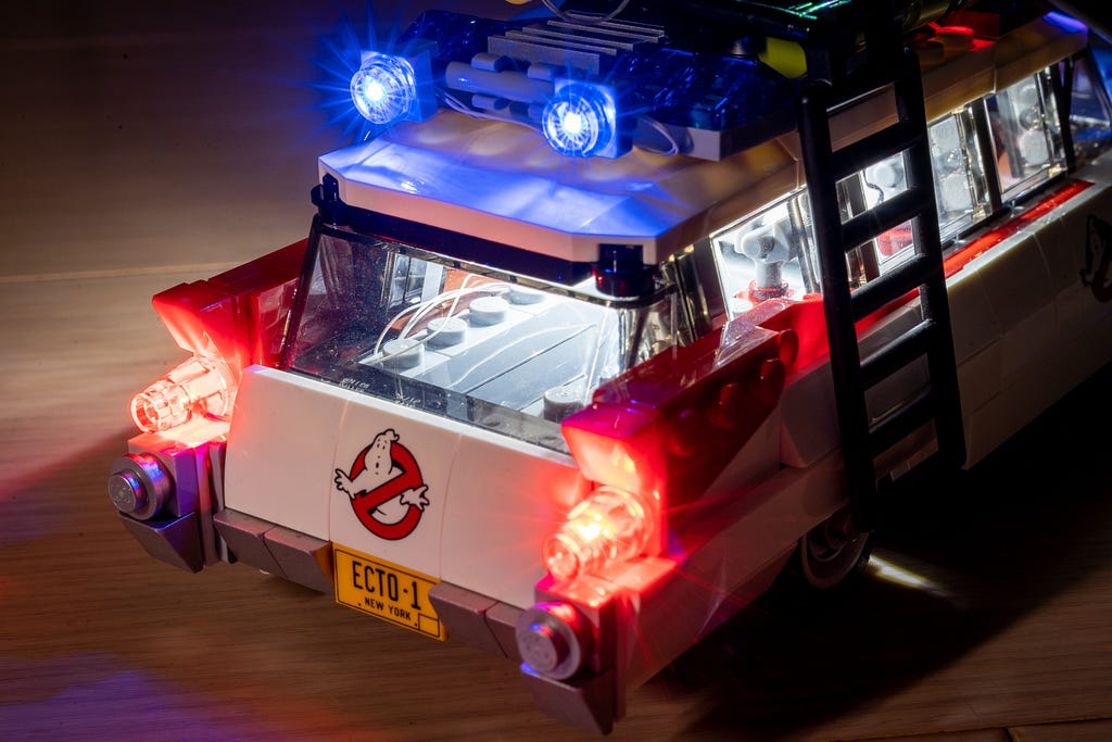 A LEGO car modeling the Ghostbuster-mobile from the movie.