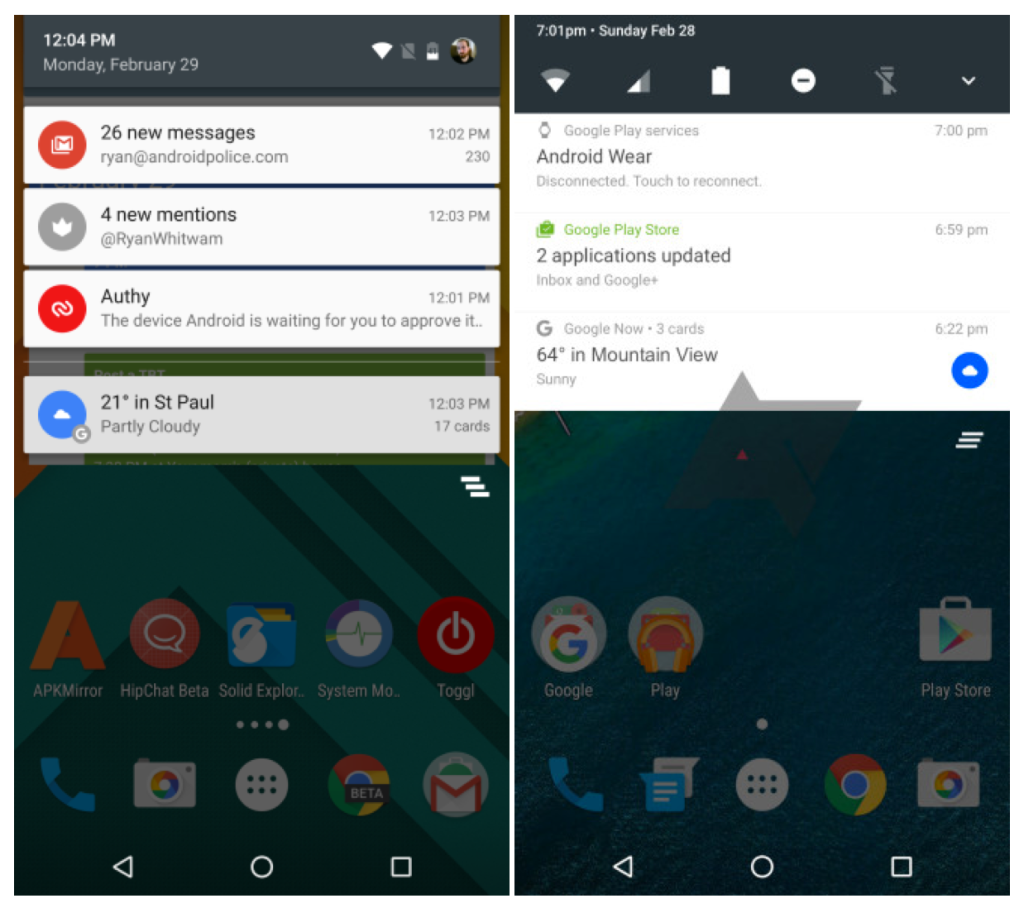 The notification shade in Android Marshmallow (M) versus the notification shade in Android N. 