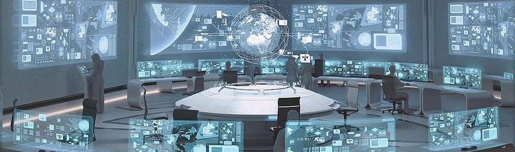 A futuristic workspace with large screens and translucent heads-up displays