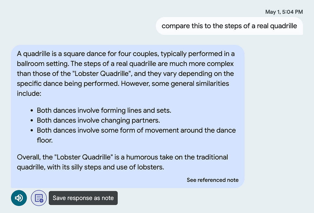 An AutoNotes screenshot of a chat exchange between the user and Gemini. On the right, the user query reads: “compare this to the steps of a real quadrille”. Below that on the left is Gemini’s response.