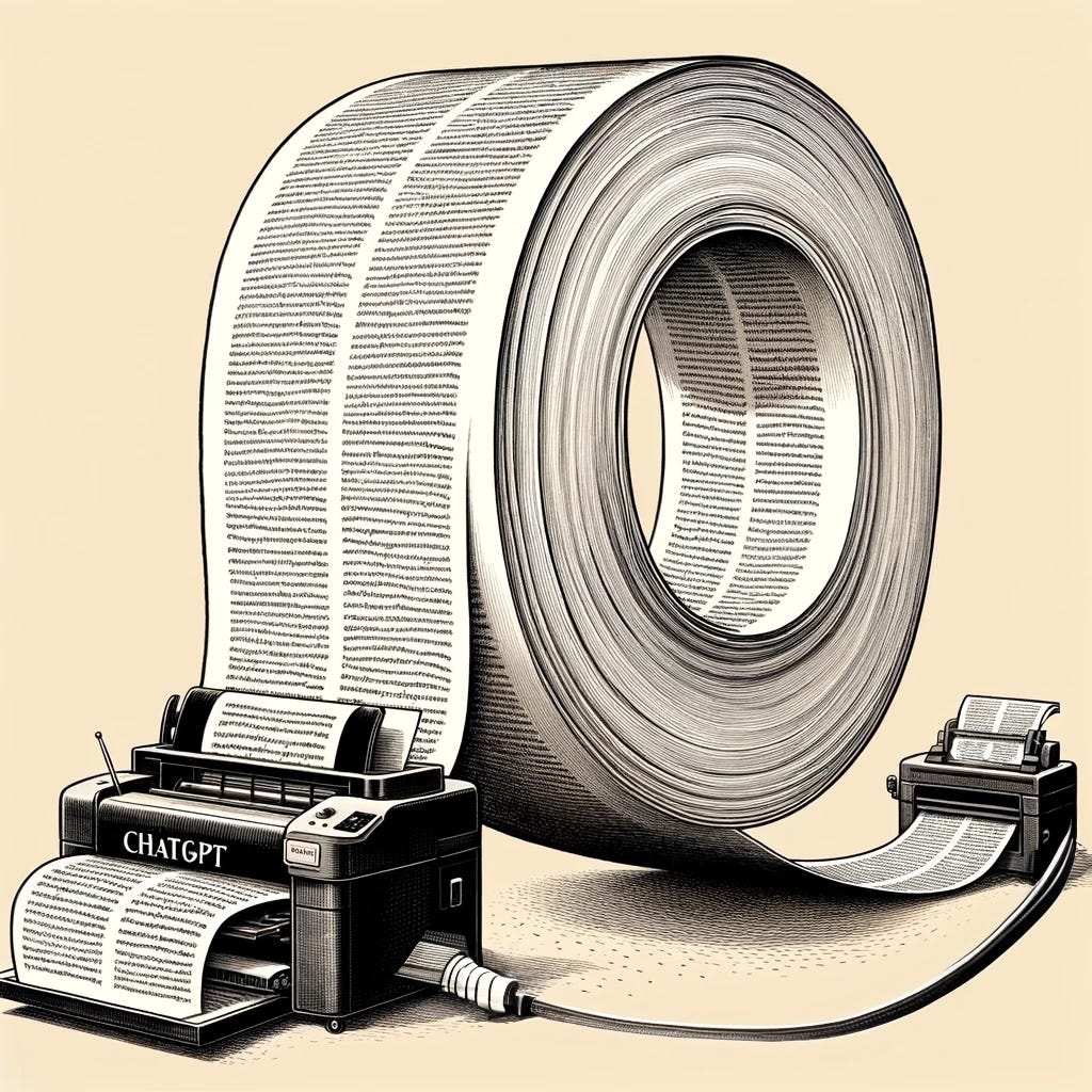 An illustration showcasing a printer labeled ‘ChatGPT’ in the foreground, and a scanner in the background, with a large loop of paper moving between them. The printer is actively printing the paper, which then rises up, forms a significant loop, and clearly feeds into the scanner. The paper should be filled with printed text, resembling pages of a book. The drawing should vividly depict the paper’s journey from the ‘ChatGPT’ printer, through the loop, and into the scanner.