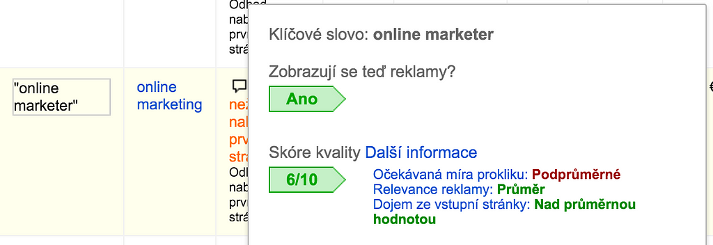 Rozpad skóre kvality podle jednotlivých komponent.