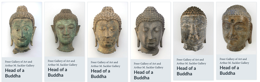 A row of six images of severed sculptural Buddha heads, each with a caption below