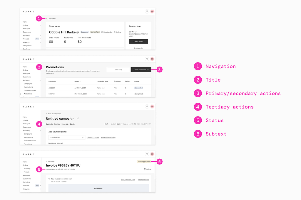 An illustration showing the different components of the brand portal page, labeled: Navigation, Title, Primary/secondary actions, Tertiary actions, Status, and Subtext.