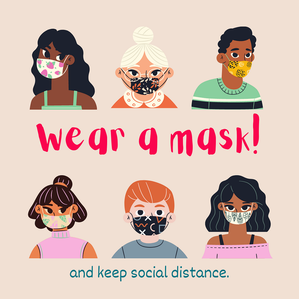 Six people wearing masks. Words say “Wear a Mask.”