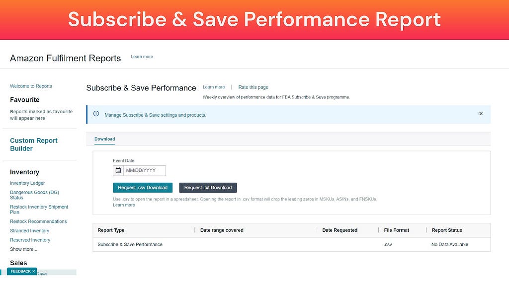 Screenshot of Subscribe and Save Performance Report