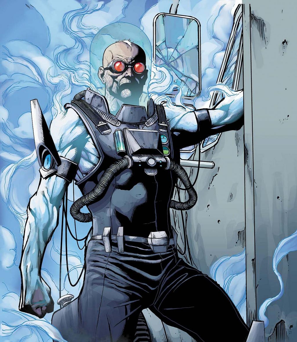 Mr Freeze stands ominously, surrounded by a cloud of dry ice.