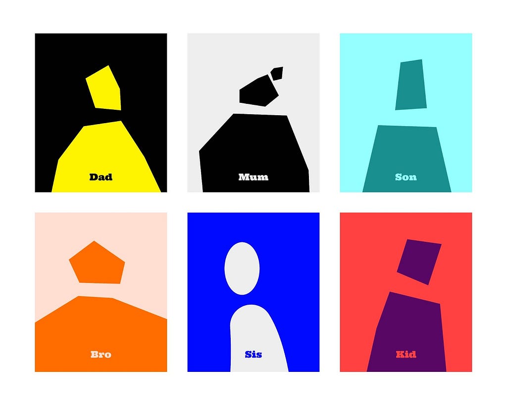 Image Description: An illustration design of different colors and shapes used to form a family of dad, mom, sister, kid