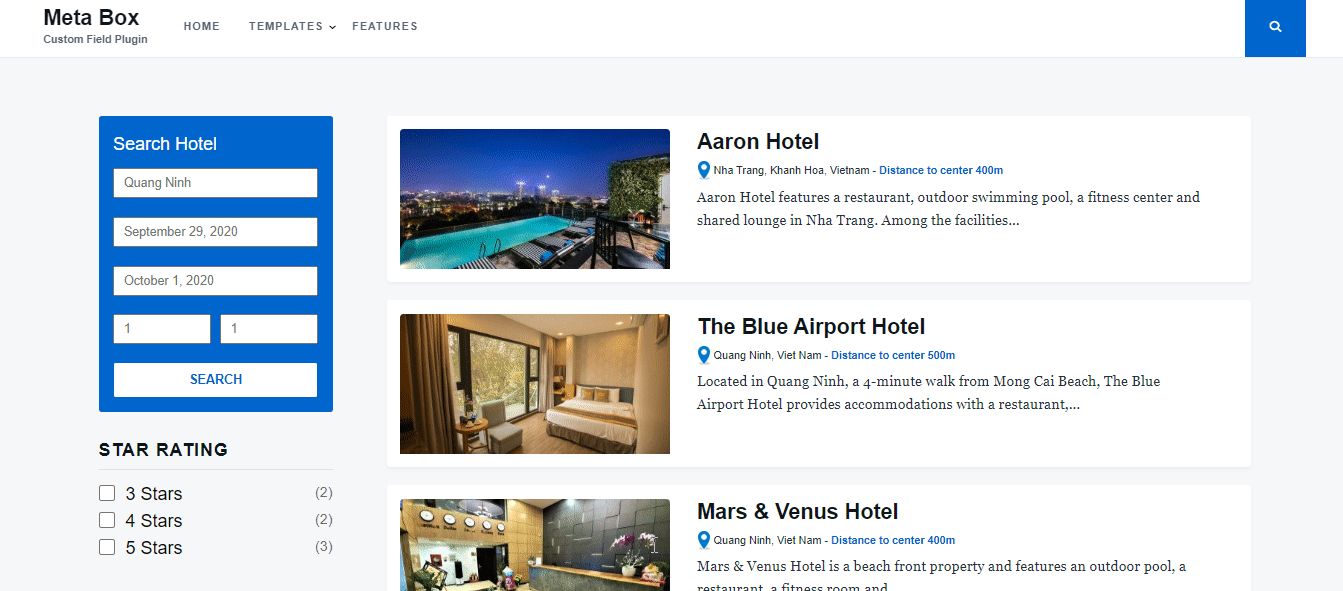 Filters on the archive page of the OTA WordPress website that likes booking.com