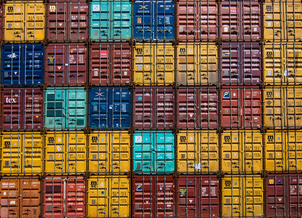 A matrix of shipping containers.