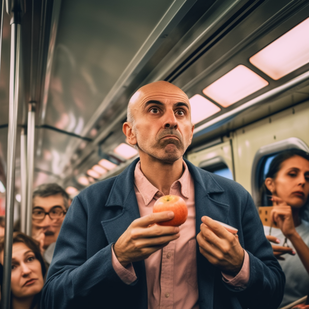 A man eating a peach on a bus.