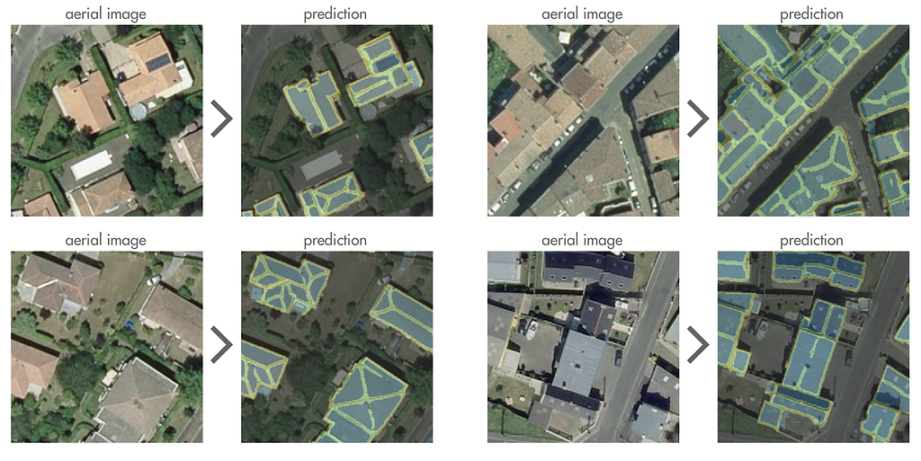 Four examples of an aerial image and its achieved segmentation of the roof slopes.