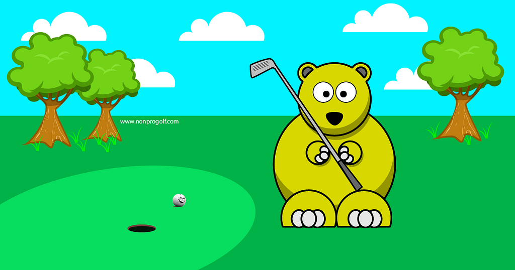 Golden bear on a golf course holding a golf club