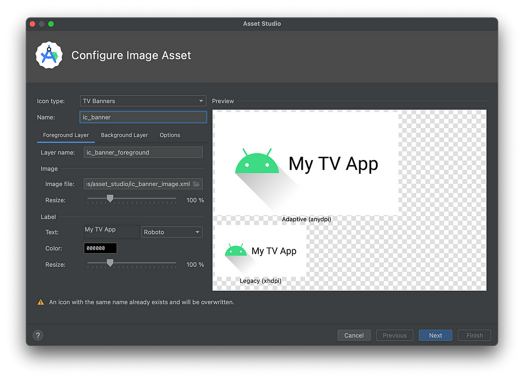 Screenshot of Android Studio’s Asset Studio where the “TV Banners” icon type is selected