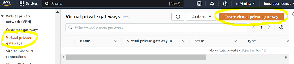 Menu configuração Virtual Private Gateway