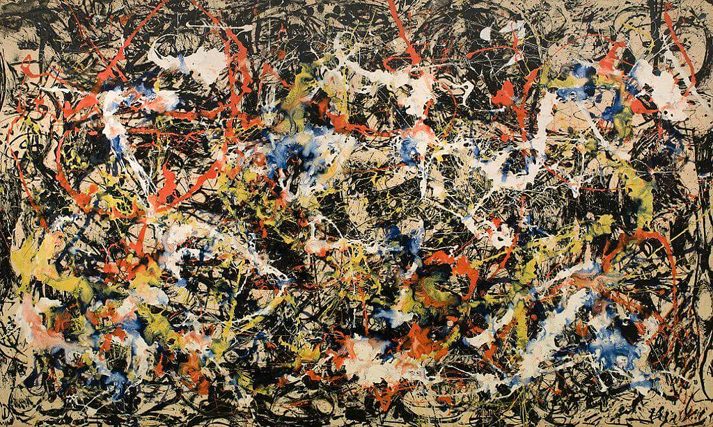 An abstract expressionist painting featuring an energetic composition of layered paint splatters and drips in black, white, red, yellow, blue, and orange on a beige canvas.