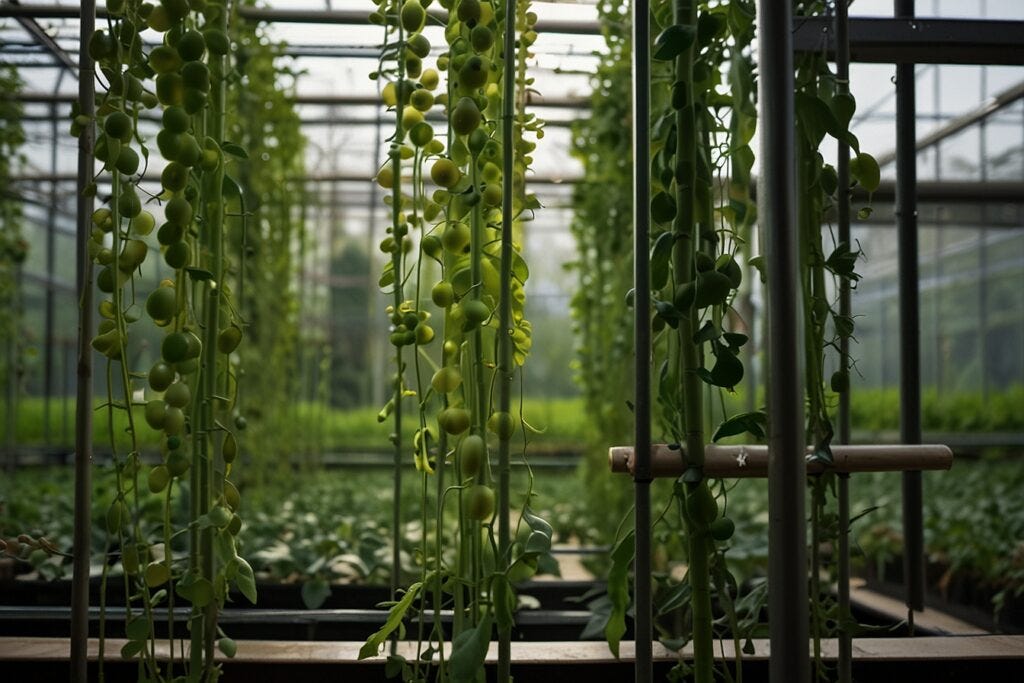 Greenhouse interior showing rows of growing peas in hydroponic systems with sunlight filtering through in the background.