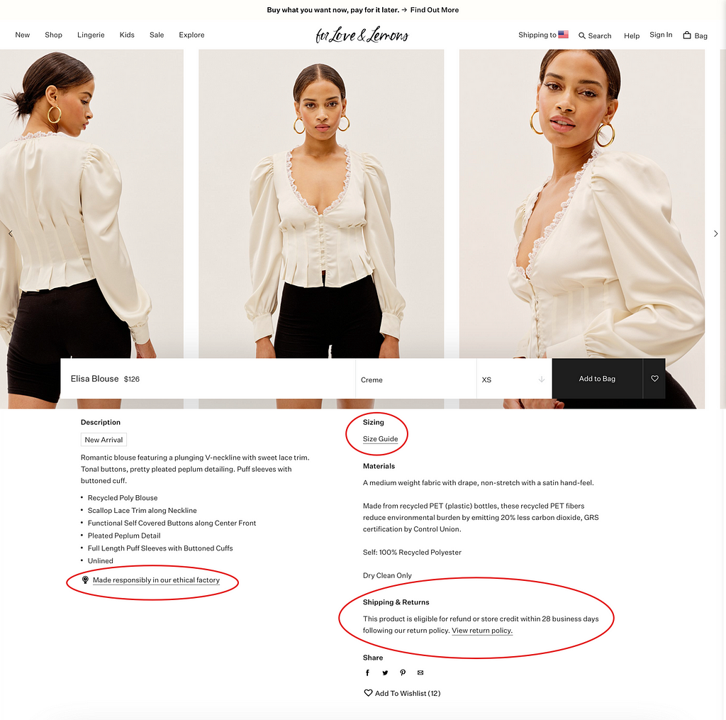 For Love and Lemons product detail page. Woman in white blouse and black shorts. Size chart and return policy popup links.