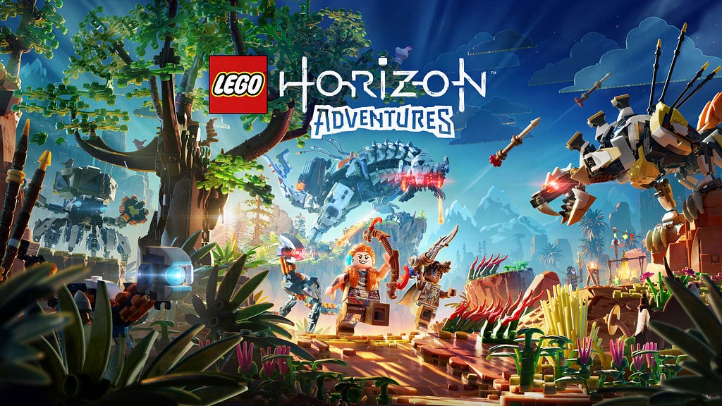 The LEGO logo accompanied by the stylized Horizon logo, with “Adventures” in its own stylization below, hang over the image. A lego Aloy is shown with a bow and arrow, surrounded by machines. A thunderjaw is in the background, along with Varl.