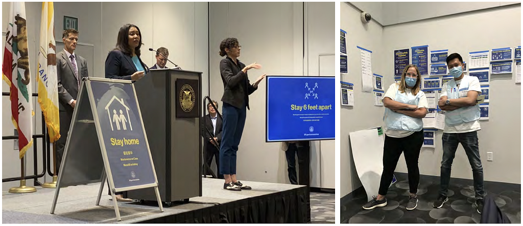 Mayor London Breed speaks at a press conference early in the pandemic. Team members pose at the emergency operations center in front of their work.