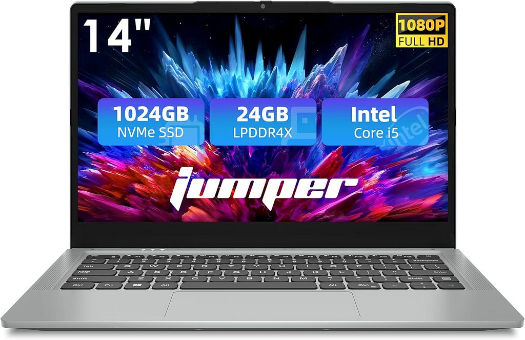 jumper Laptop, 24GB LPDDR4X RAM, 1024GB NVMe SSD, 3.6GHz Core i5 CPU, 14 Inch FHD IPS Display, Laptops Computer with 4 Stereo Speakers, 51300mWH, USB3.0 * 3, Portable, Metal.