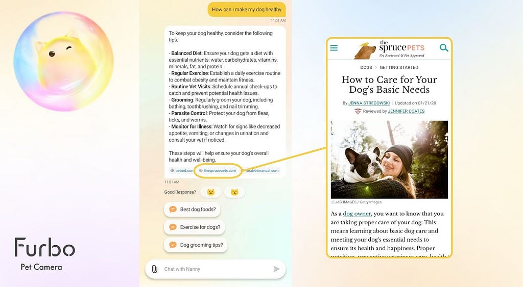情境一 Pet-related 問題：How can I make my dog healthy? 當 RAG module 發現使用者問了 Pet-related 相關的問題，RAG module 會去撈專業的寵物知識文章來回答毛爸媽，並附上參考資料與來源。