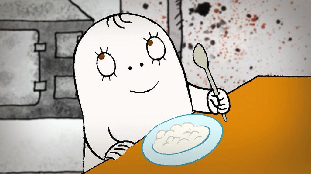 With a joyful expression, Laban holds a spoon above a bowl of what appears to be porridge. Laban’s large, round eyes and contented smile convey a sense of eagerness and innocence. The illustration style is simplistic and playful, with bold outlines and a limited color palette. The background, sketched in grayscale, hints at a stone interior, possibly a castle, adding to the character’s storybook charm. The splashes of color in Laban’s white form and the orange table contrast with the muted backg