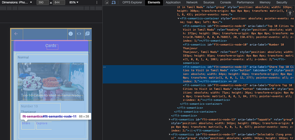 Chrome DevTools showing an absolutely positioned `flt-semantics` element with role `button` for the Share button.