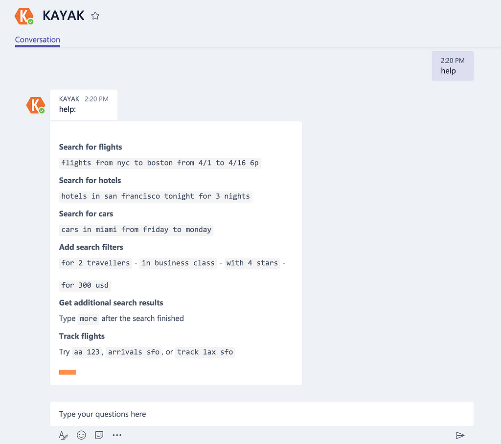 Screenshot of the Kayak bot Help function for Microsoft Teams