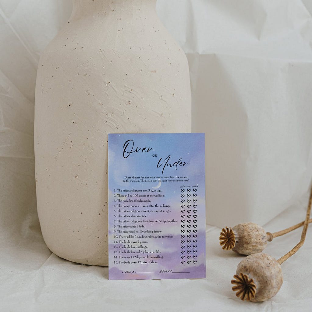 Cloud 9 Over Or Under Bridal Shower Game Card