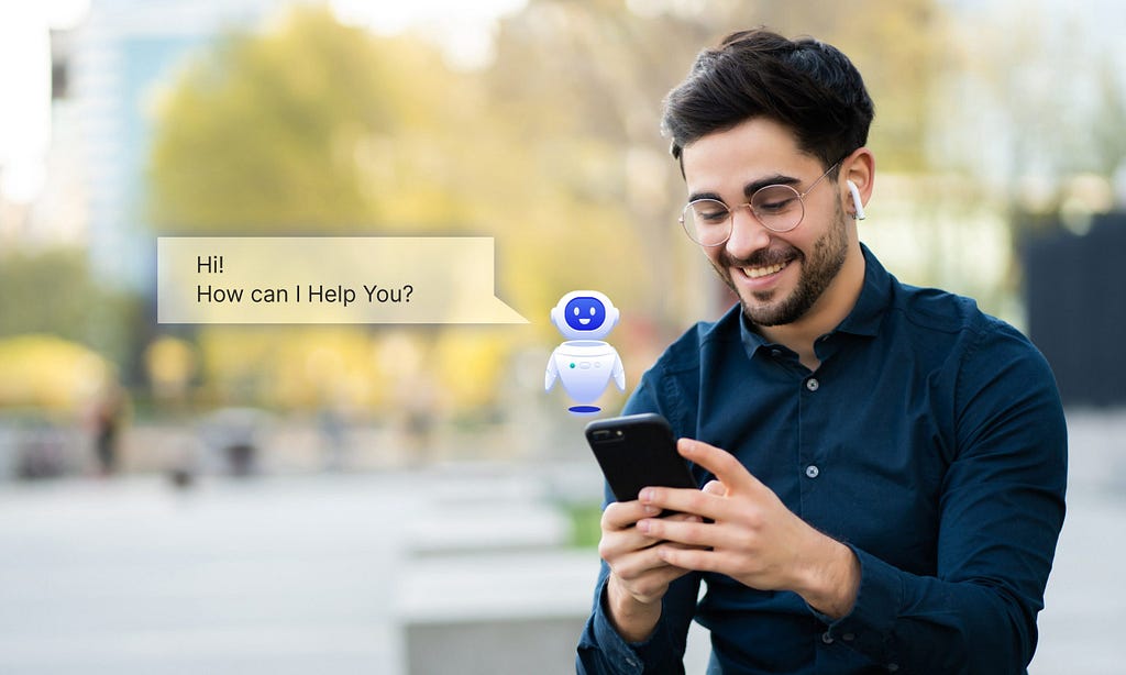 Person interacting with a friendly AI healthcare assistant on a mobile app.