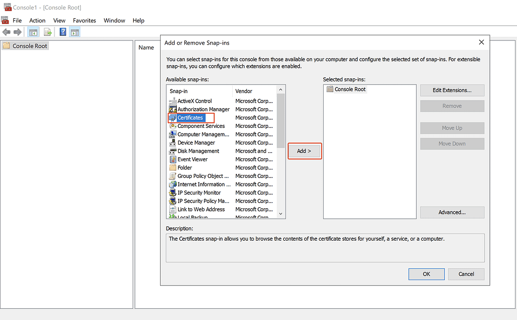 Add Certificate Snap-in