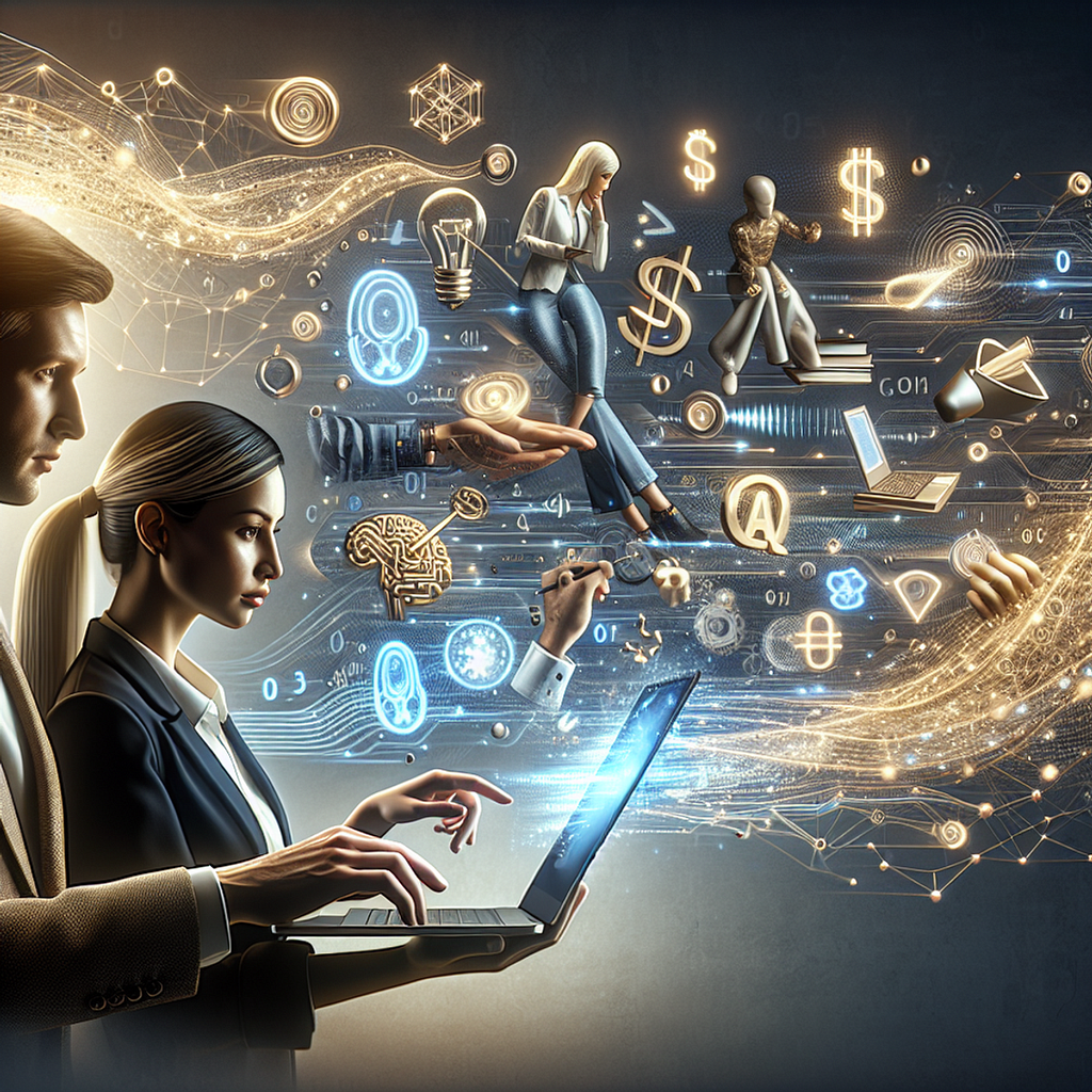 A Caucasian male holds a modern laptop, while a Hispanic woman looks at the screen. 3D objects representing AI icons, dollar signs, and algorithmic patterns dance around them, tied together with golden threads of light symbolizing the power of AI in career development.