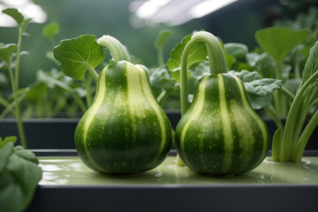 Two green striped zucchinis growing in a hydroponic garden with leafy plants in the background.