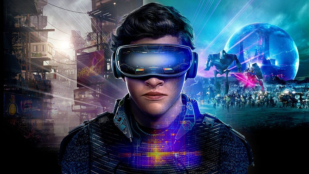 Movie poster for ‘Ready Player One’ — a boy in the middle facing forward wearing a VR headset with dystopic future apartments on the left side and a digital world on the right side